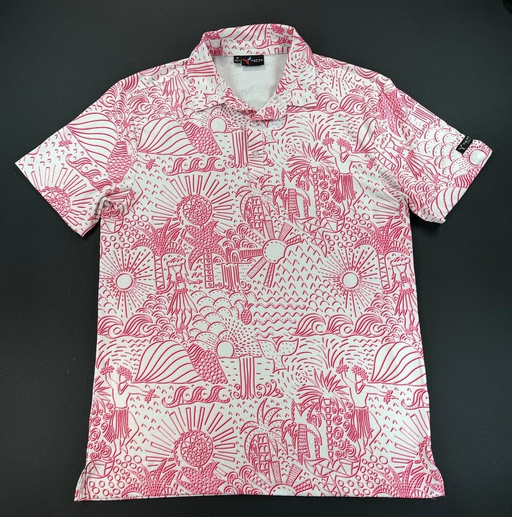 Yatta Golf Shaka Life Pink White Tropical Hula Short Sleeve Polo Shirt (Men's M)